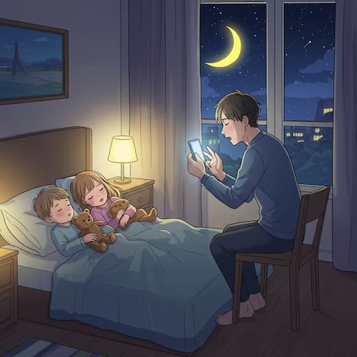 AI 동화 만들기에 성공한 아빠가 완성된 동화를 아이들에게 읽어주고 있다.