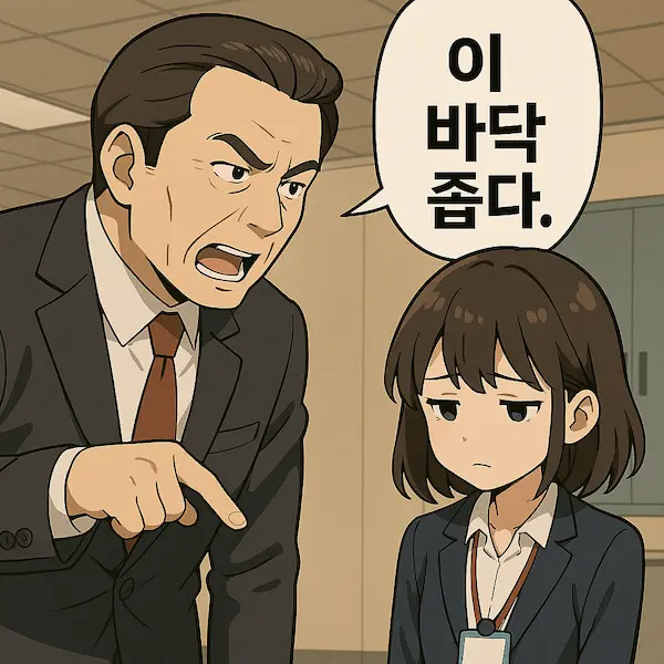 상사에게 "이 바닥 좁다."라는 말을 들은 신입사원이 주눅 들어있다.