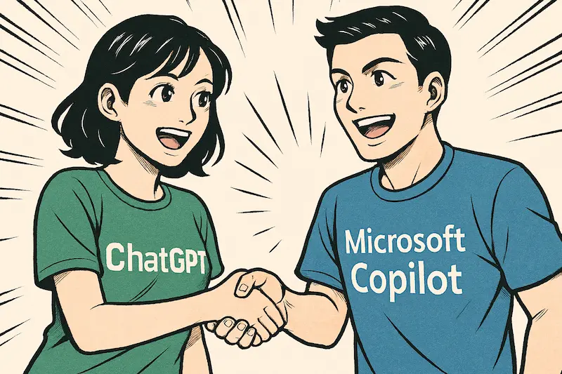 무료 한글 이미지 생성 AI 추천을 받고, 기뻐하는 ChatGPT와 Microsoft Copilot