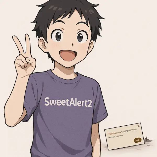 SweetAlert2 티셔츠를 입고, V를 하고 있는 개발자