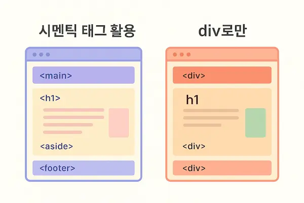 HTML 시멘틱 태그 활용과 div만 사용했을 때의 웹페이지 구조 비교 이미지